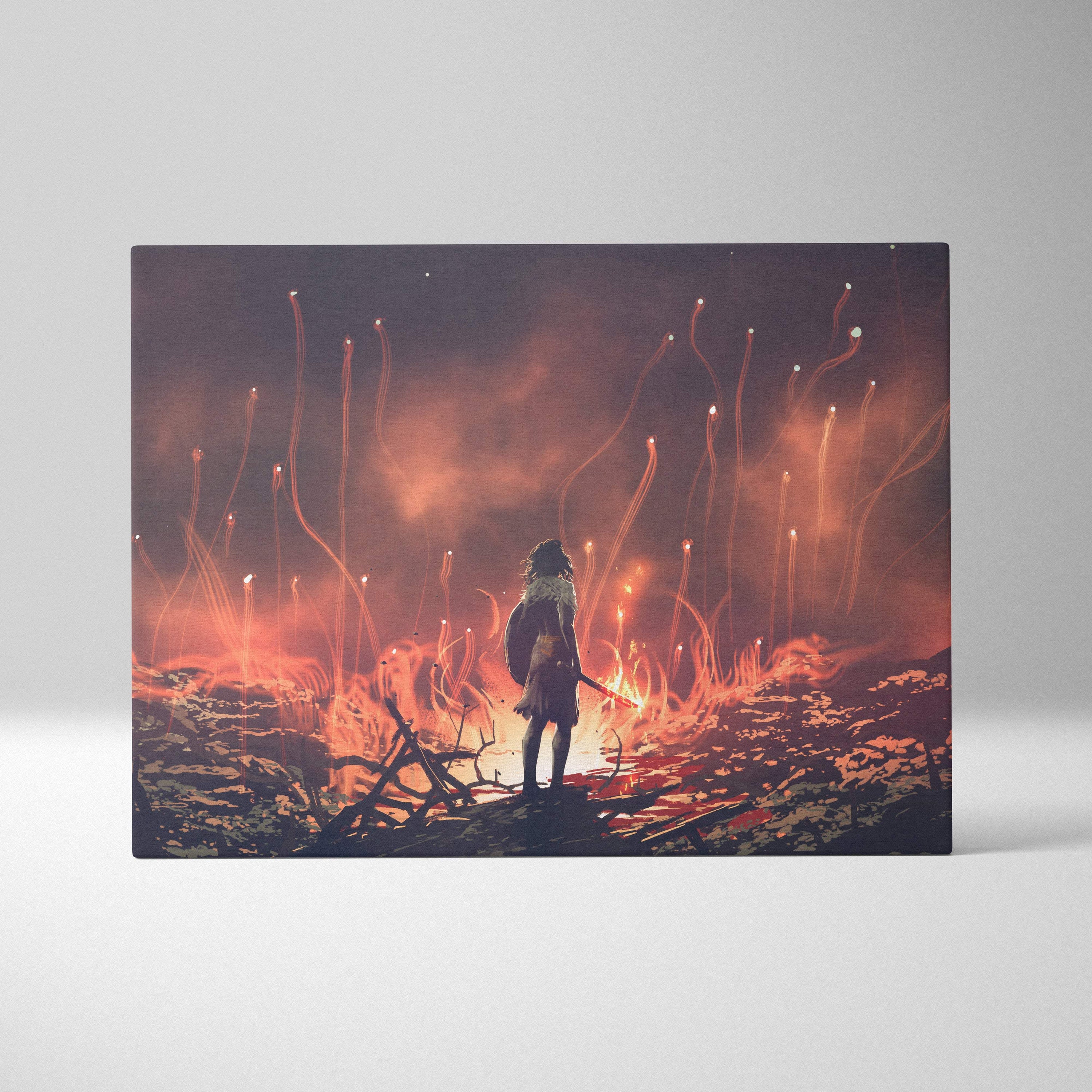 A rectangular canvas print showing a silhouetted lone warrior with sword amid glowing fiery plants under an orange dark sky