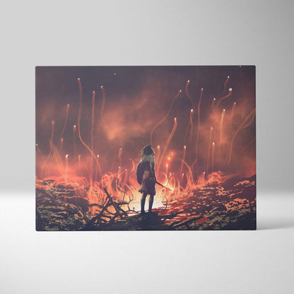 A rectangular canvas print showing a silhouetted lone warrior with sword amid glowing fiery plants under an orange dark sky