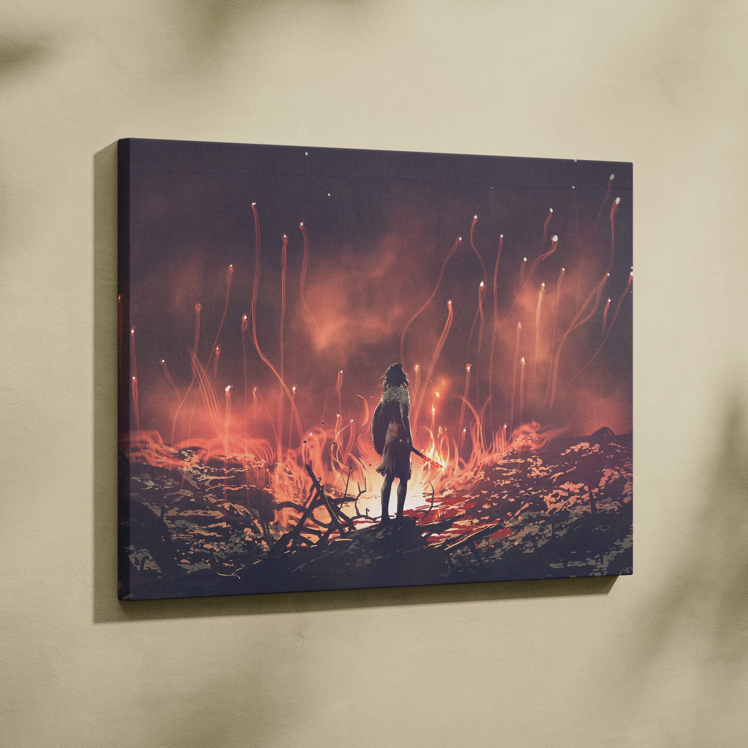 Rectangular canvas print of a lone silhouetted warrior with sword and fiery tendrils on dark ember wasteland background