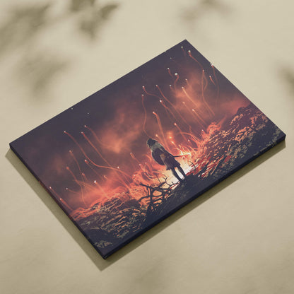 A rectangular canvas print showing a silhouetted lone warrior with sword and fiery glowing tendrils on a dark battlefield
