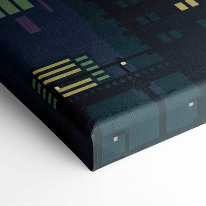 A dark navy canvas print of a stylized pixel art cityscape with glowing green and gold lights in retro game style