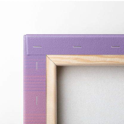 Purple textured canvas frame with light wood border for pink city skyline pixel art pastel urban wall decor