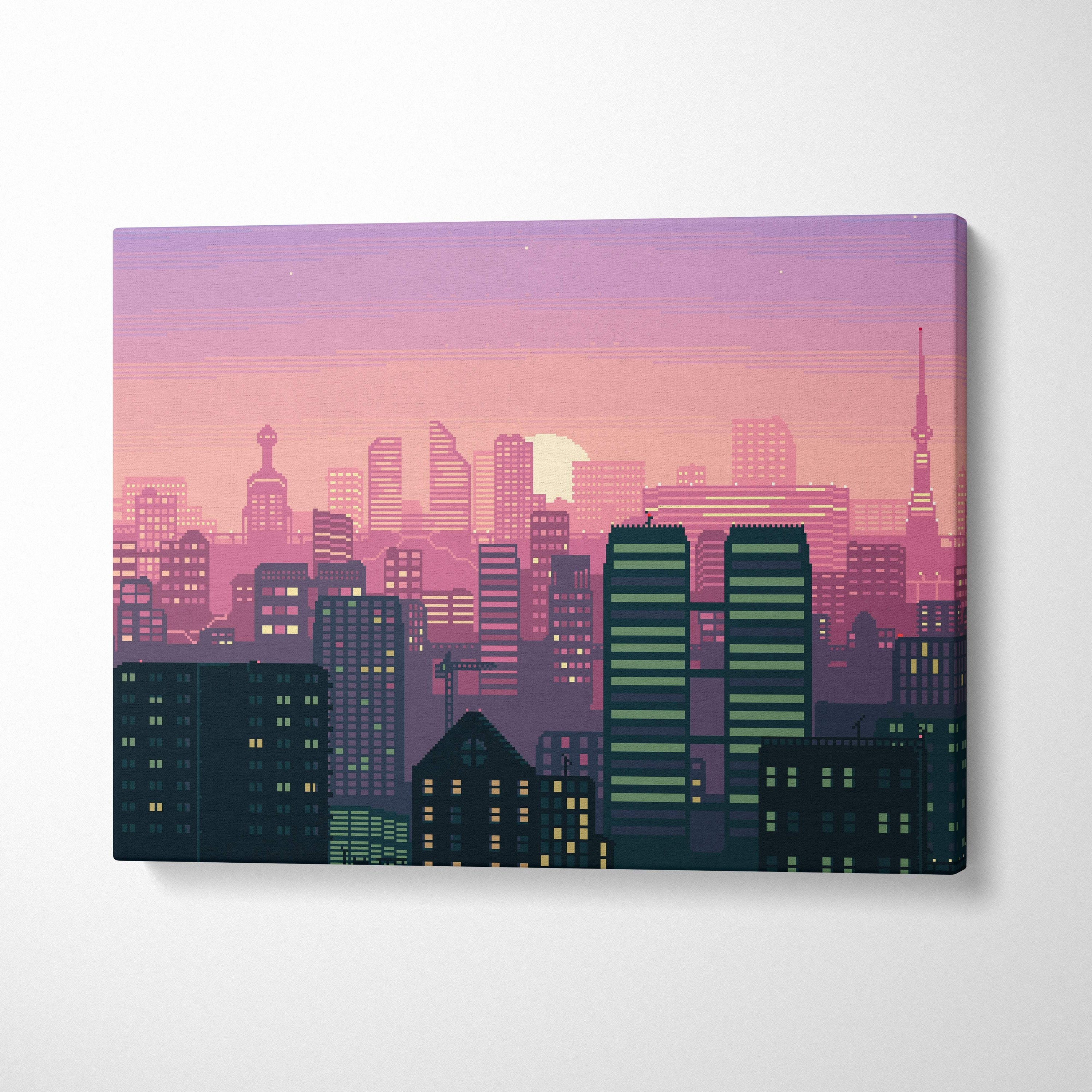 Pink city skyline pixel art canvas print with vibrant pink and purple stylized skyscrapers and a sunset sky background