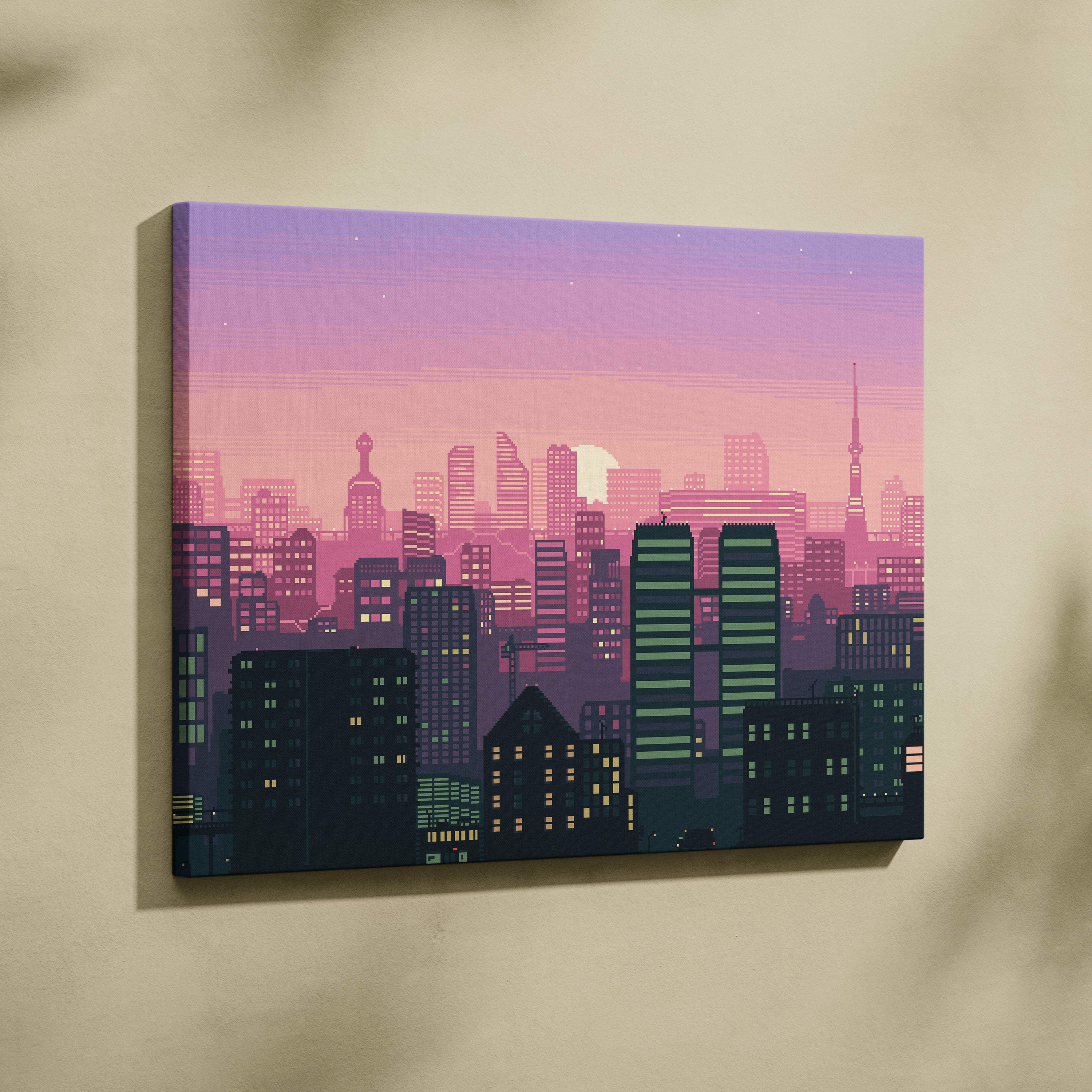 Pink city skyline pixel art canvas print with stylized dusk cityscape in gradient pink and purple skies and glowing windows
