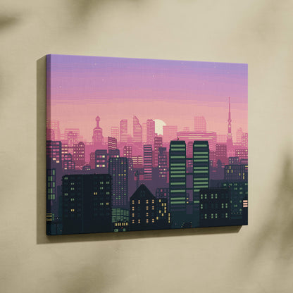 Pink city skyline pixel art canvas print with stylized dusk cityscape in gradient pink and purple skies and glowing windows