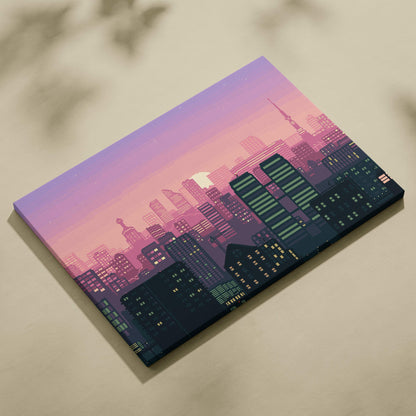 Pink city skyline pixel art canvas print with vibrant pink and purple skies and illuminated urban buildings in pastel tones