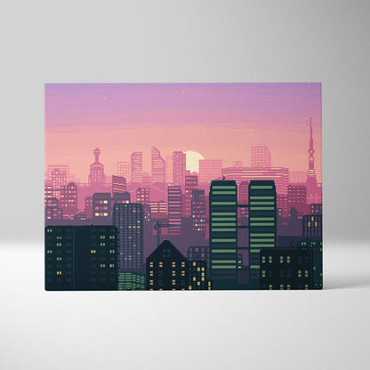 Pink city skyline pixel art canvas print with pastel purple skies and silhouetted buildings and glowing windows