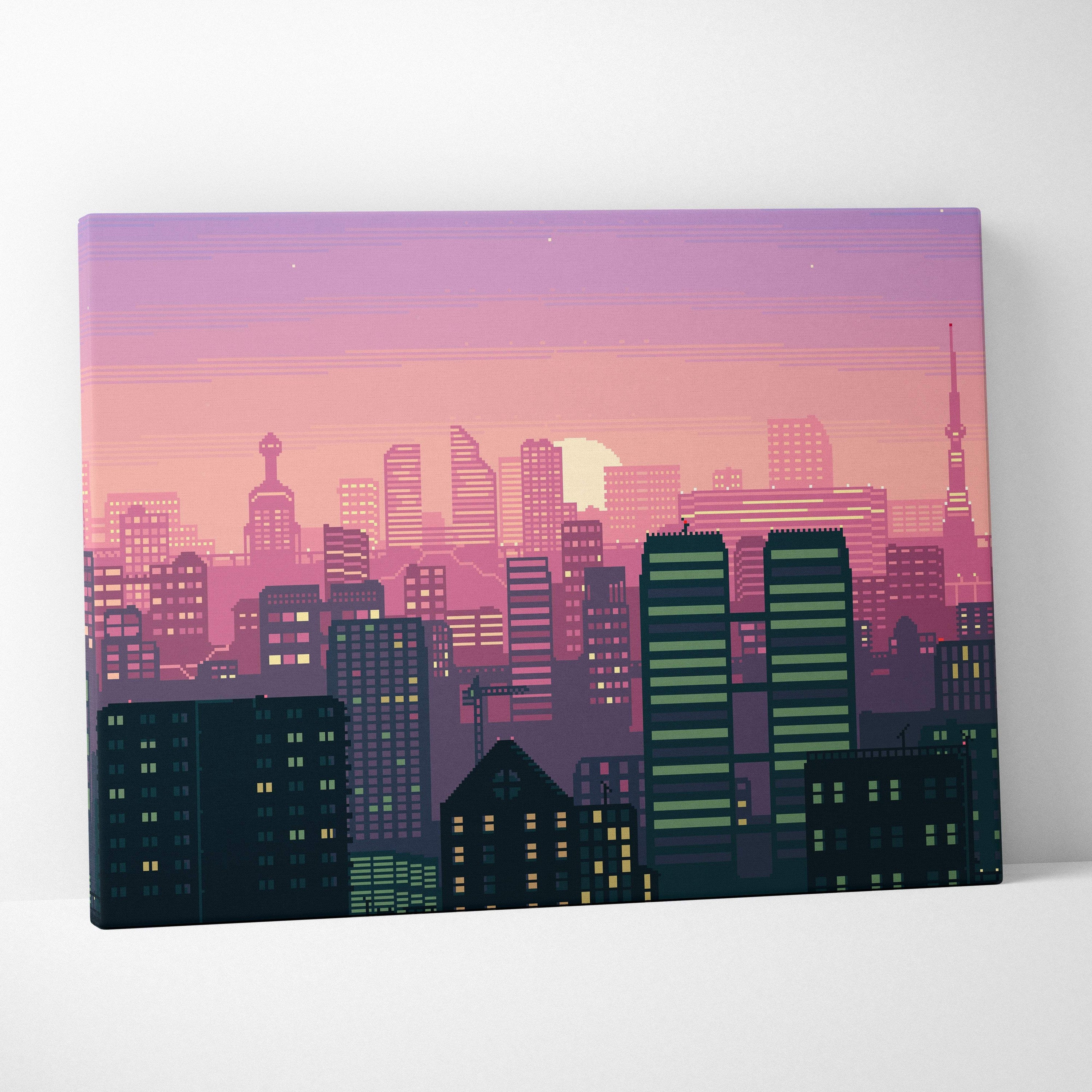 Pink city skyline pixel art canvas print with vibrant retro buildings and glowing windows against a pastel sunset sky