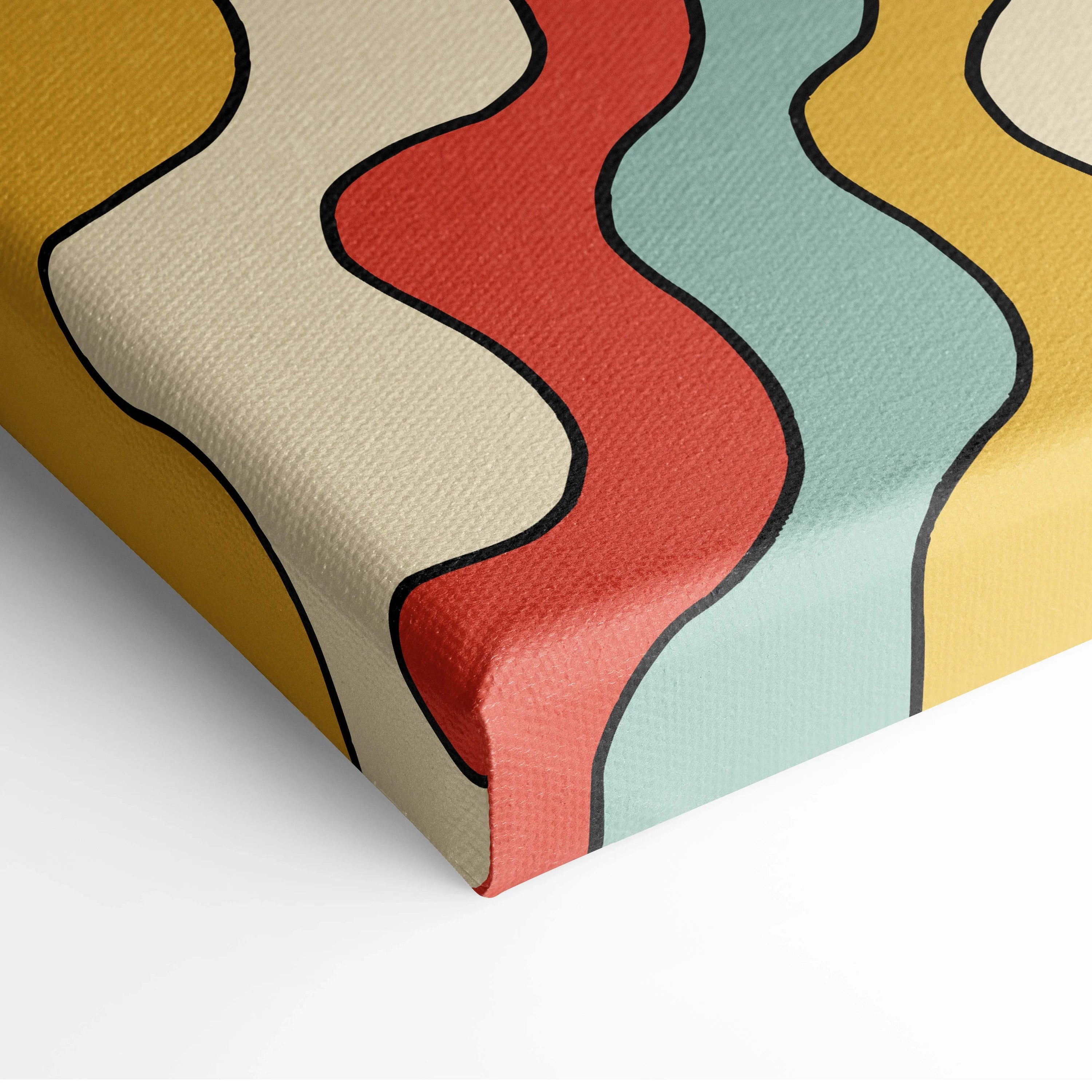 Retro psychedelic sunburst canvas wall art with wavy rays in mustard red teal groovy 70s style