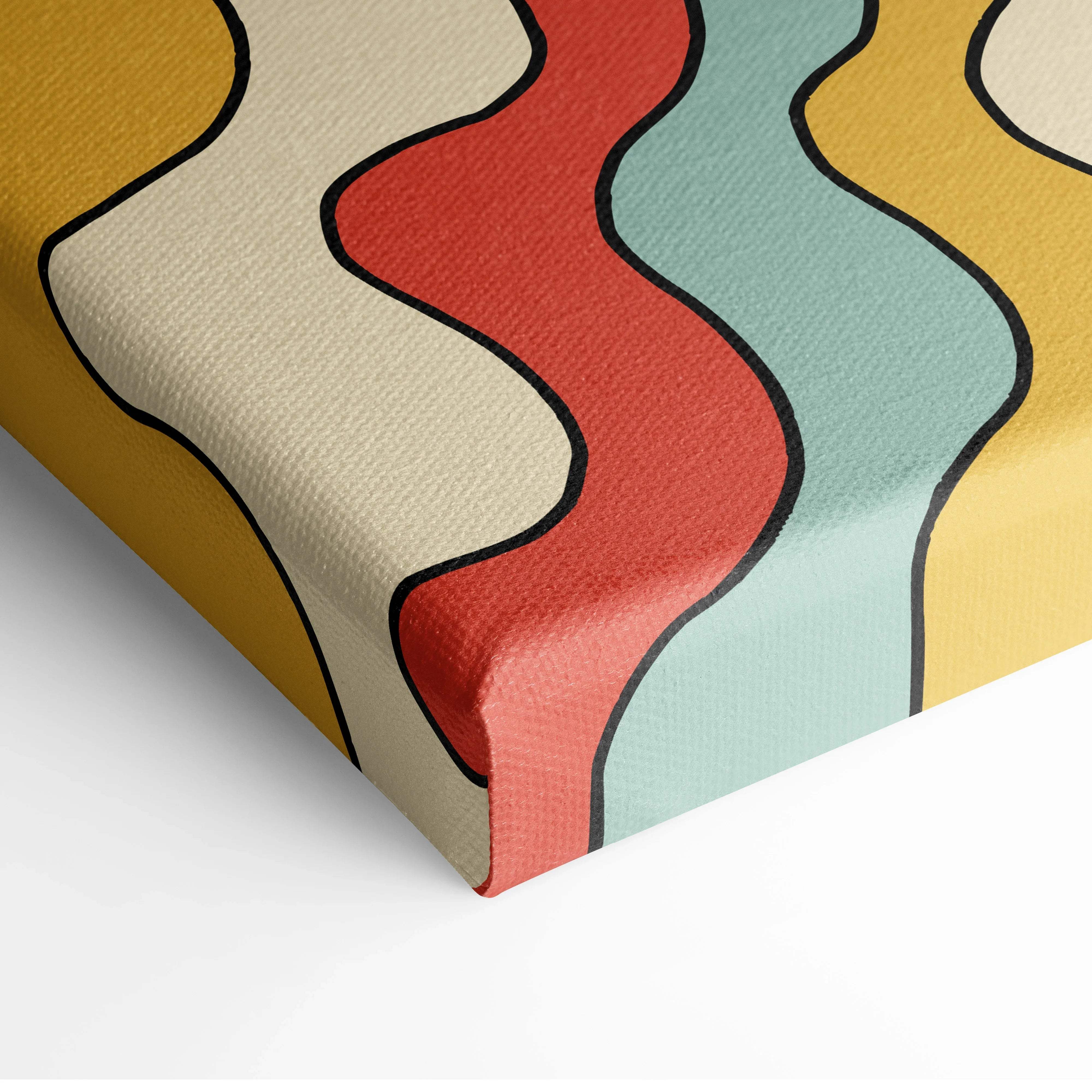 Retro psychedelic sunburst canvas wall art with wavy rays in mustard red teal groovy 70s style