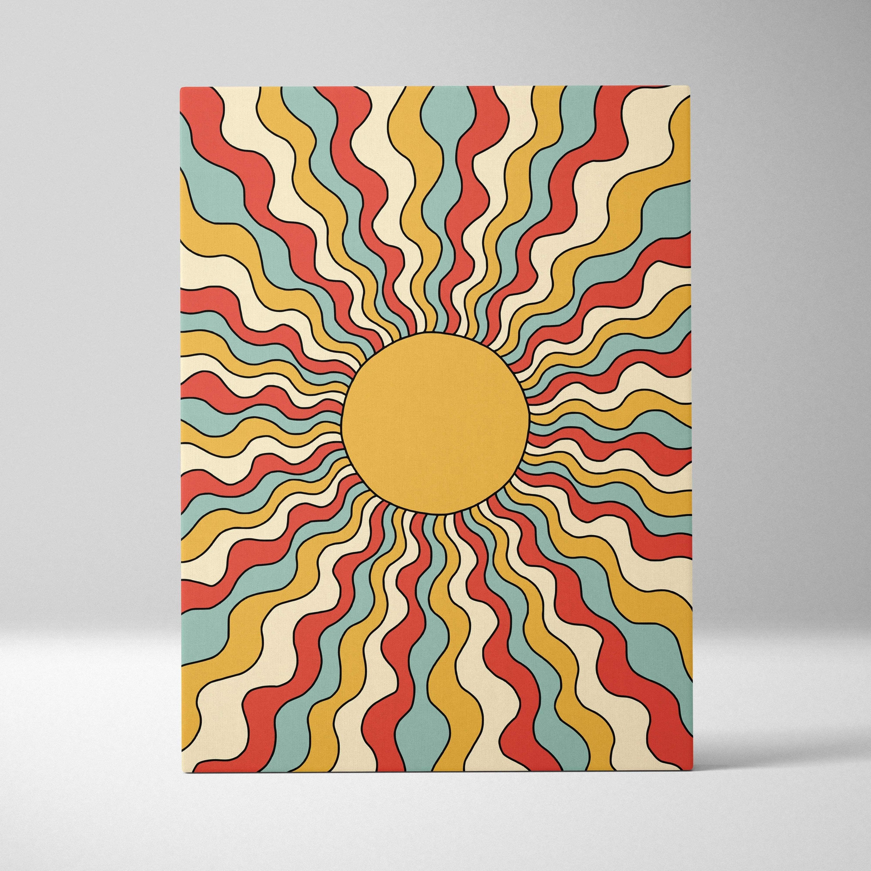 Vibrant retro psychedelic sunburst canvas wall art with wavy rays in mustard red, yellow, teal and cream tones