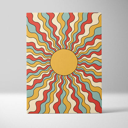 Vibrant retro psychedelic sunburst canvas wall art with wavy rays in mustard red, yellow, teal and cream tones