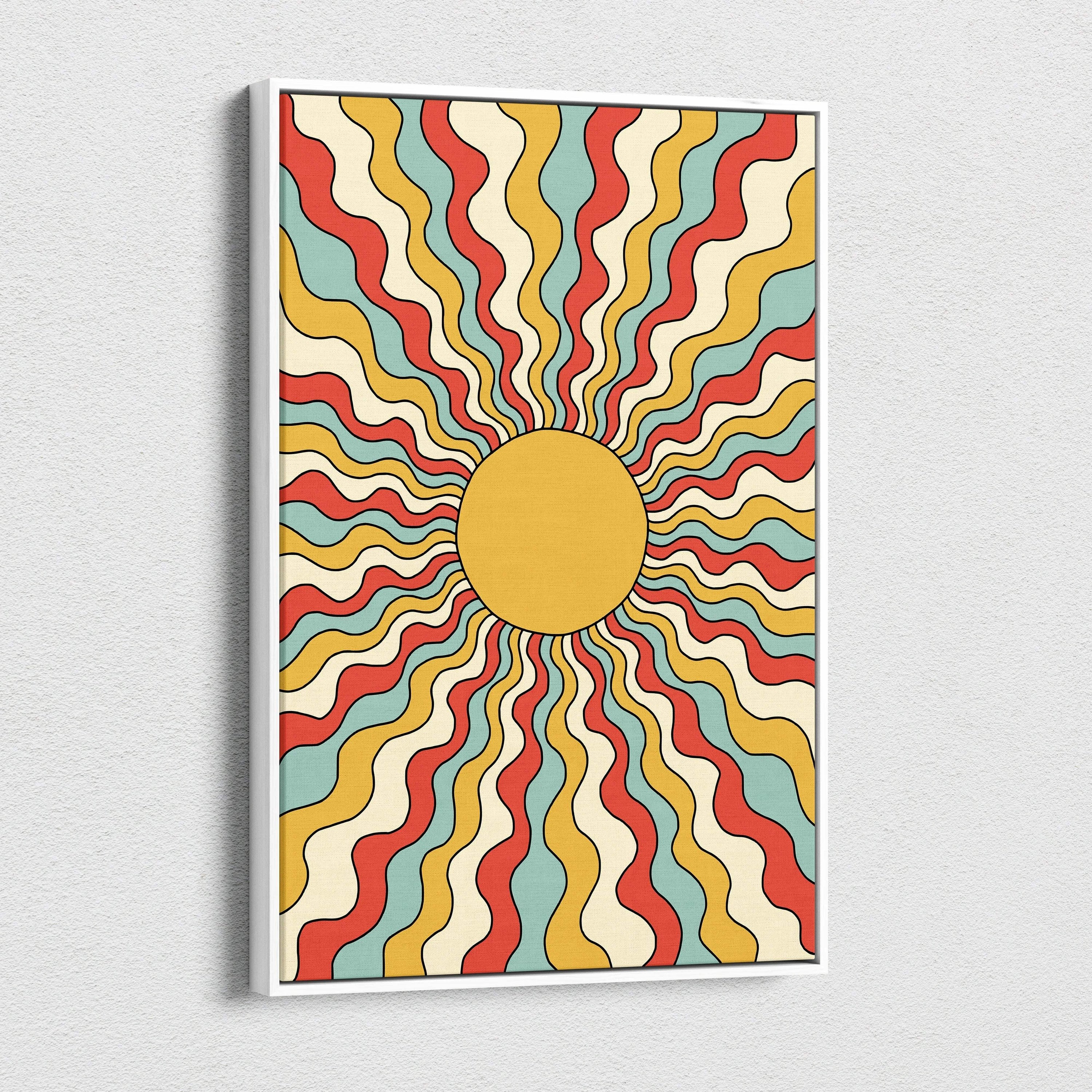 Retro psychedelic sunburst canvas wall art with wavy rays in mustard red and teal