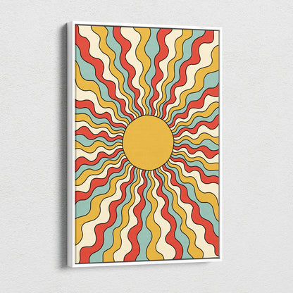 Retro psychedelic sunburst canvas wall art with wavy rays in mustard red and teal