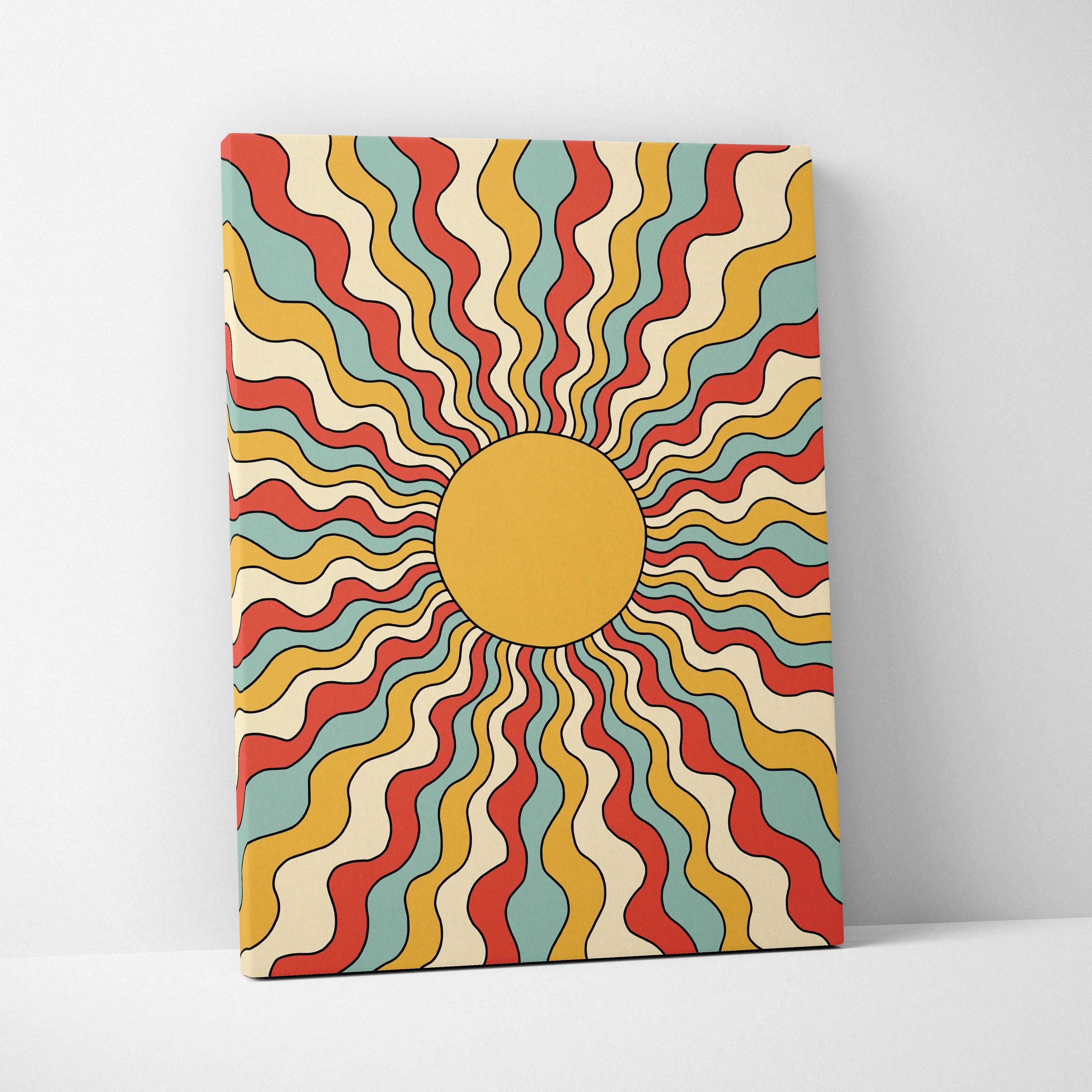 Retro psychedelic sunburst canvas wall art with wavy mustard red teal rays