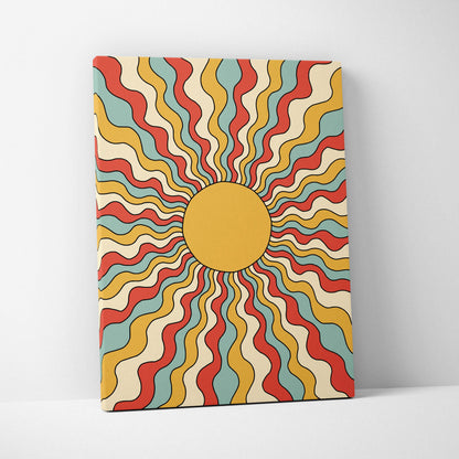 Retro psychedelic sunburst canvas wall art with wavy mustard red teal rays