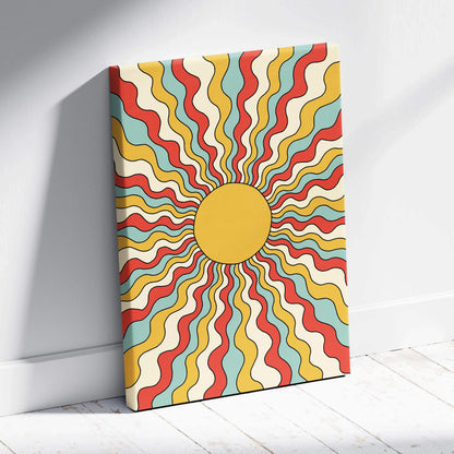 Retro psychedelic sunburst canvas wall art with wavy mustard red teal rays