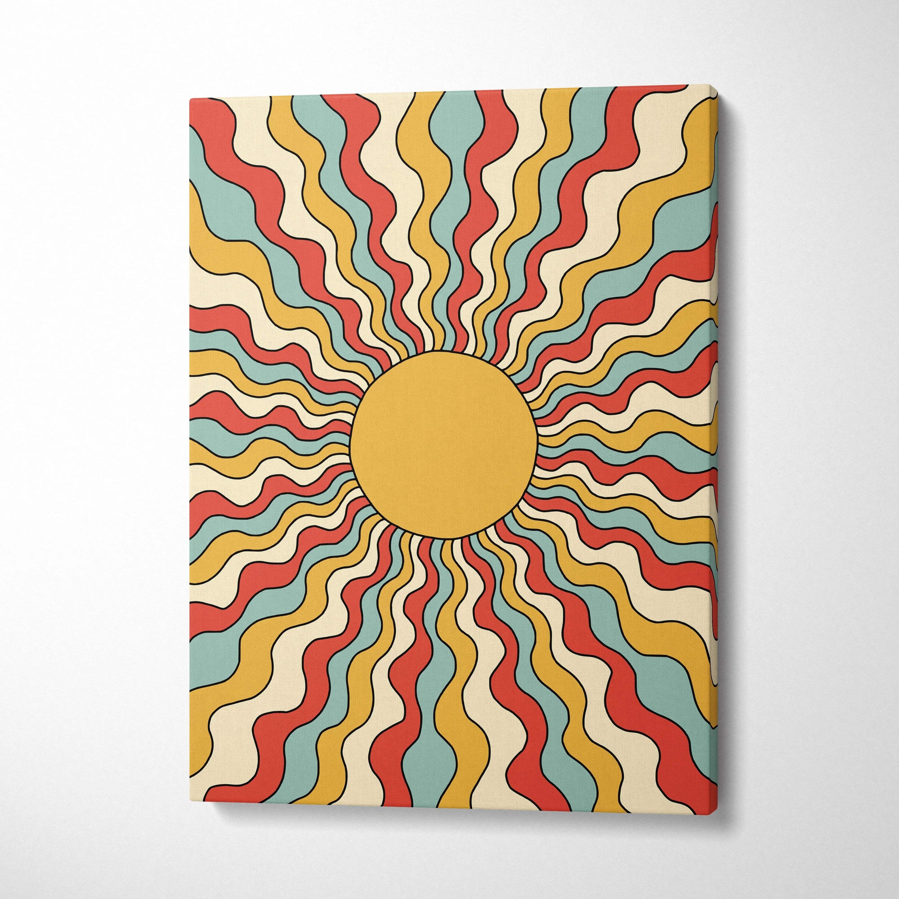 Retro psychedelic sunburst canvas wall art with wavy mustard red teal rays