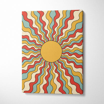 Retro psychedelic sunburst canvas wall art with wavy mustard red teal rays