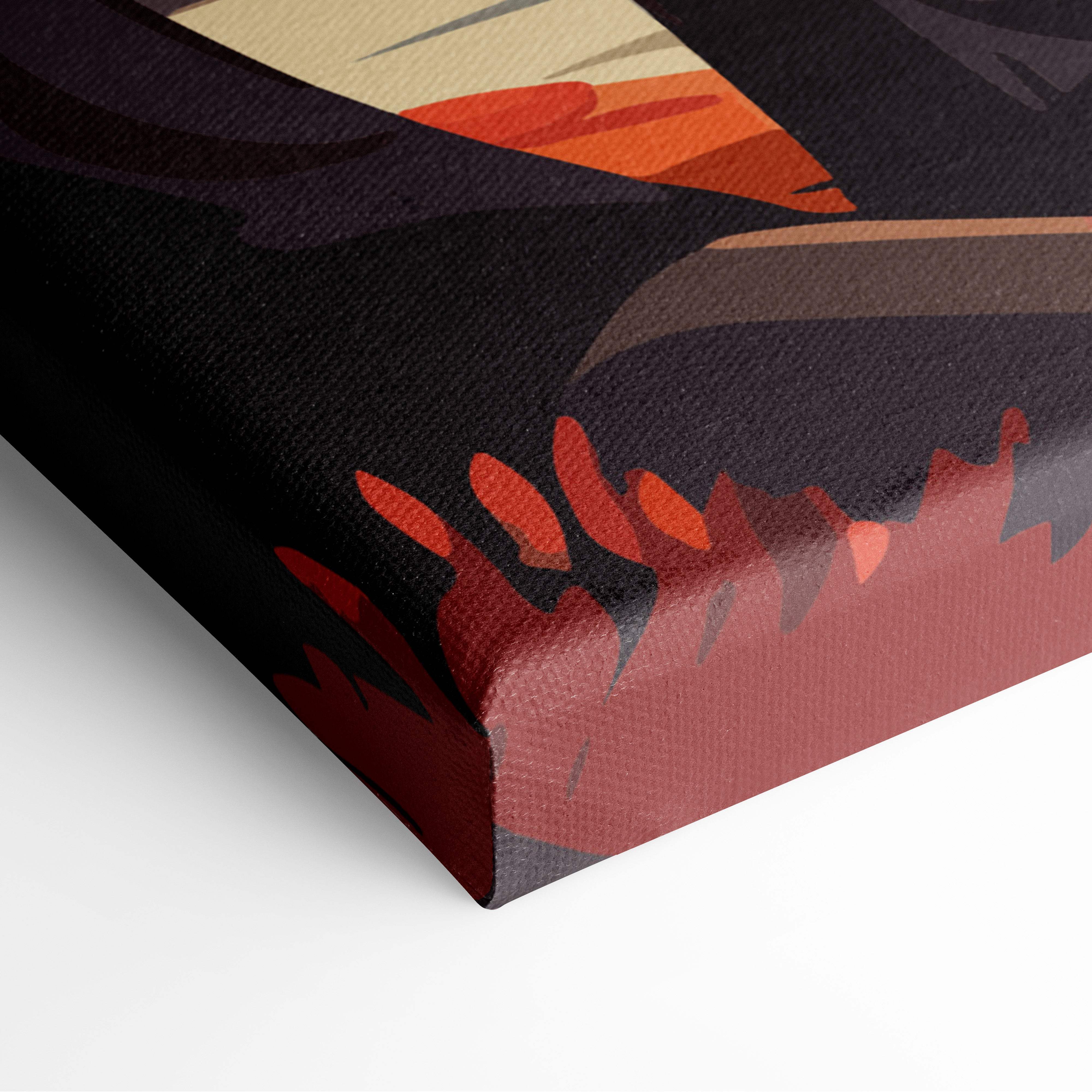Autumn mountain cabin canvas wall art print with bold abstract shapes in deep reds and oranges for cozy rustic interiors