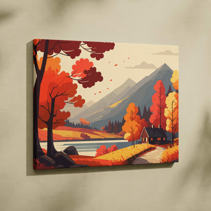 Autumn mountain cabin canvas wall art print featuring fiery red and orange trees by a lake and distant mountains
