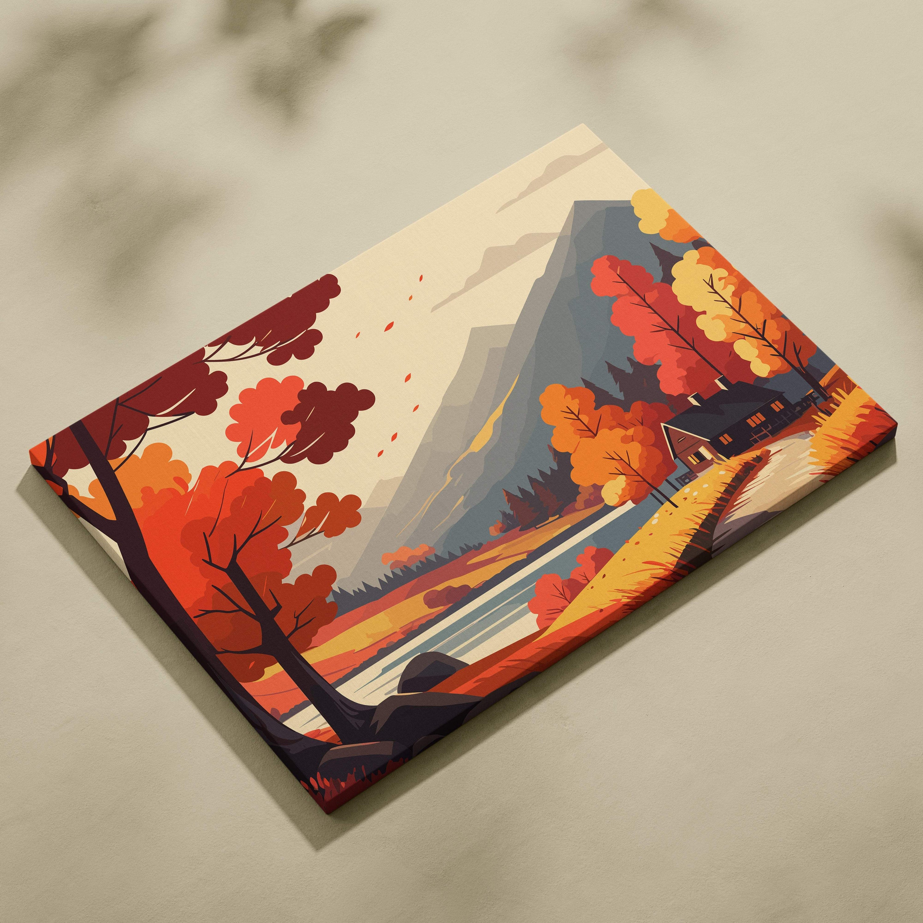 Autumn mountain cabin canvas wall art print featuring vibrant orange and red trees with a rustic cabin design