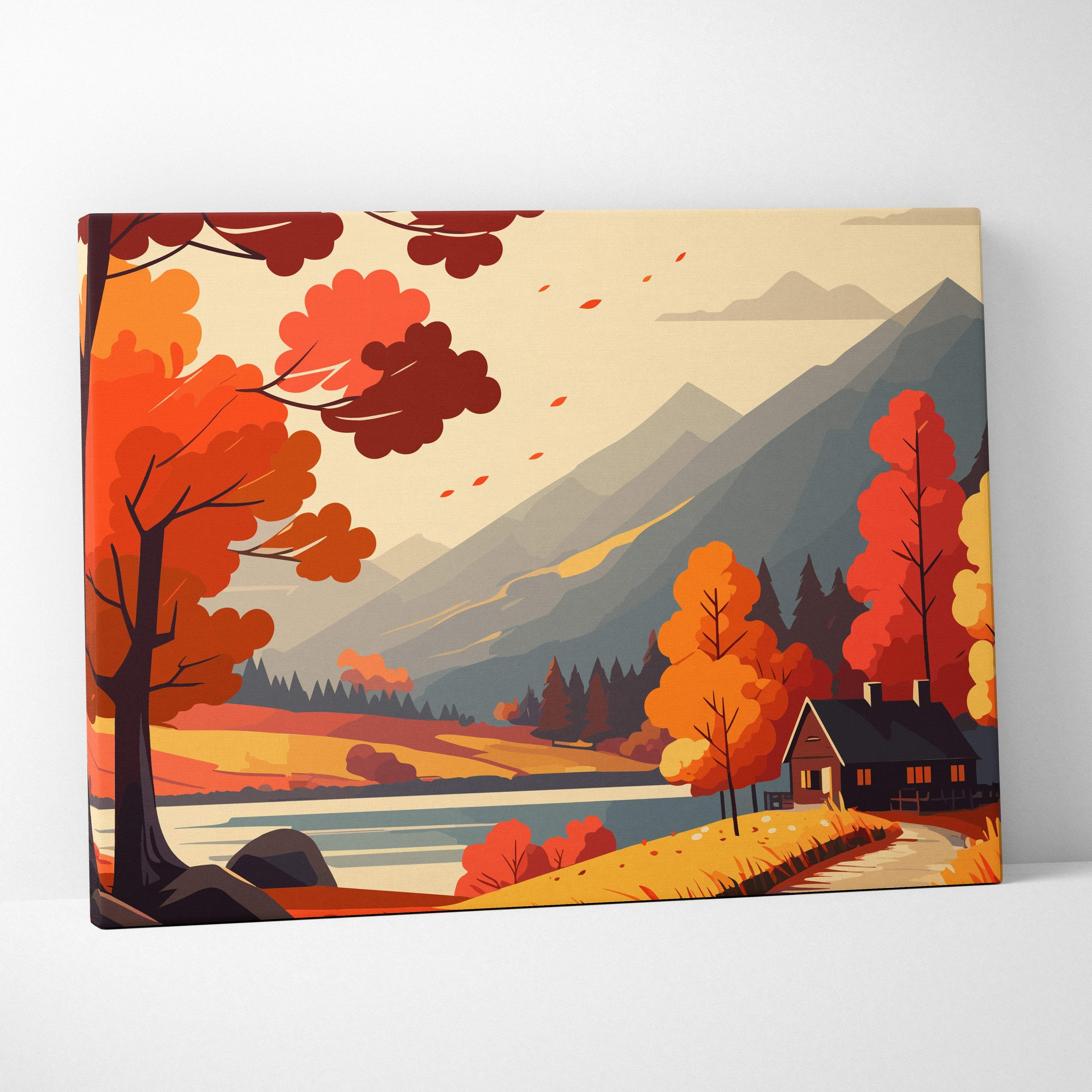 Autumn mountain cabin canvas wall art featuring fiery orange trees lake mountains and cozy cabin for rustic living room decor