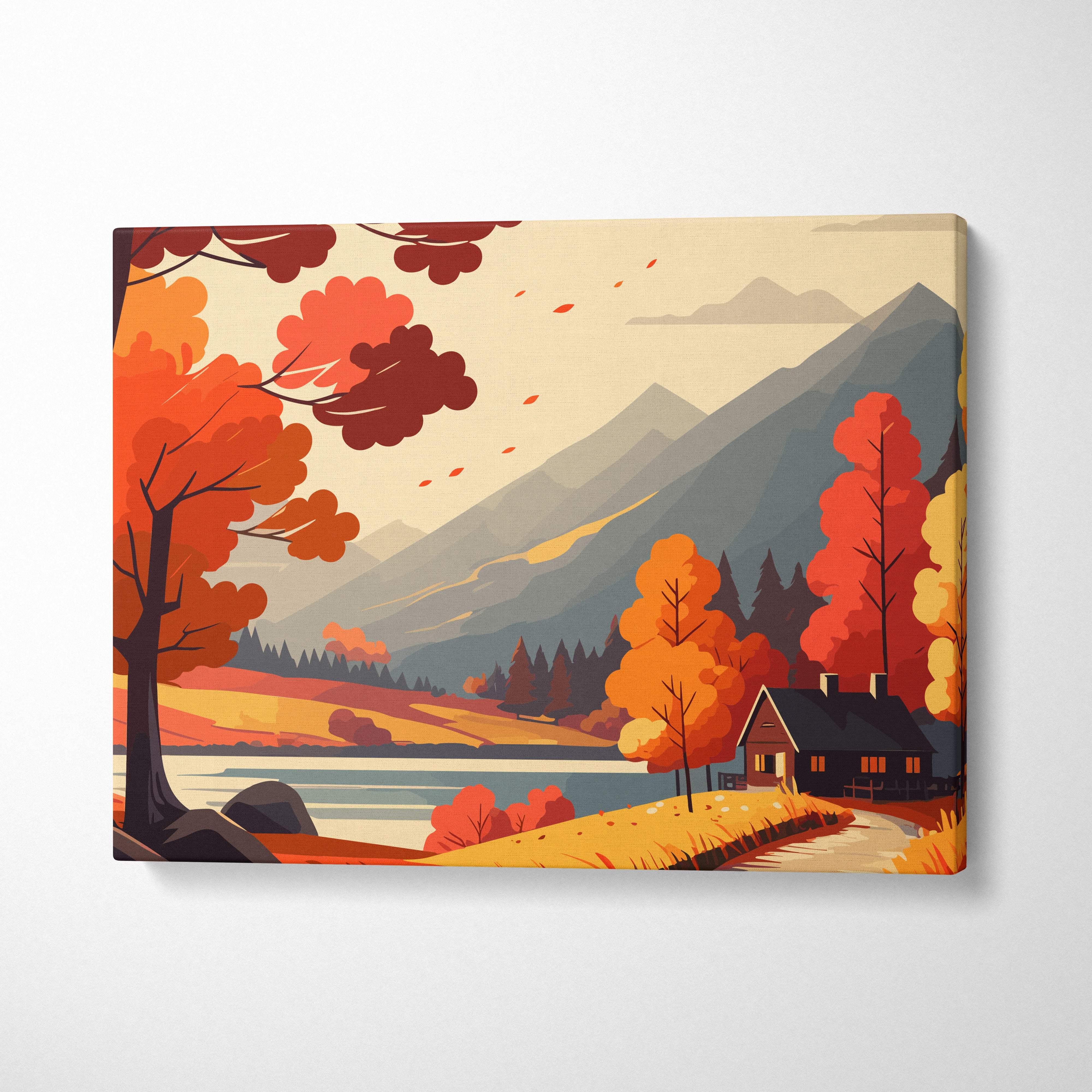Rectangular canvas print of a vibrant orange and red autumn landscape with mountains and a cabin by a lake
