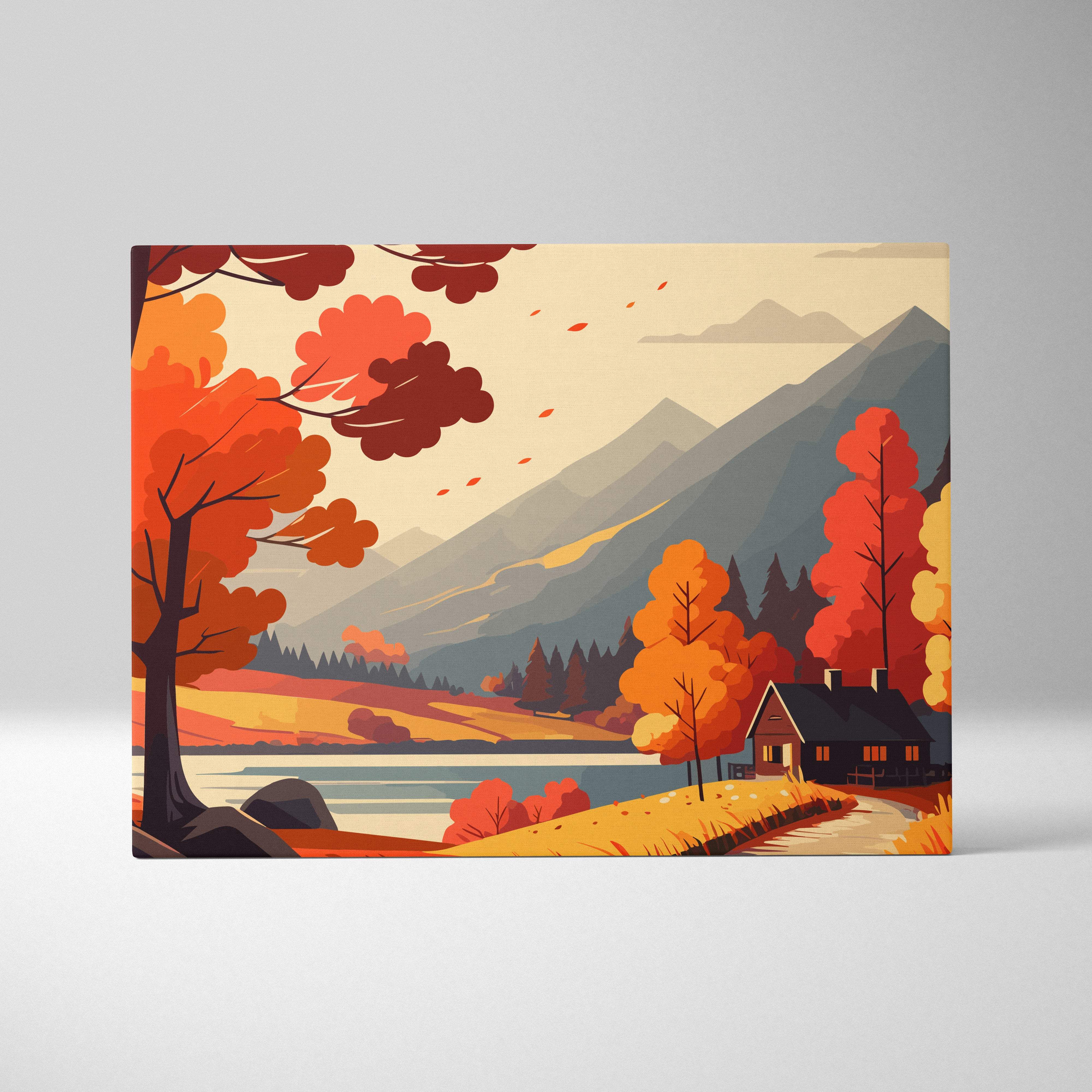 Rectangular autumn mountain cabin canvas print with vibrant orange trees lake and cozy rustic living room decor