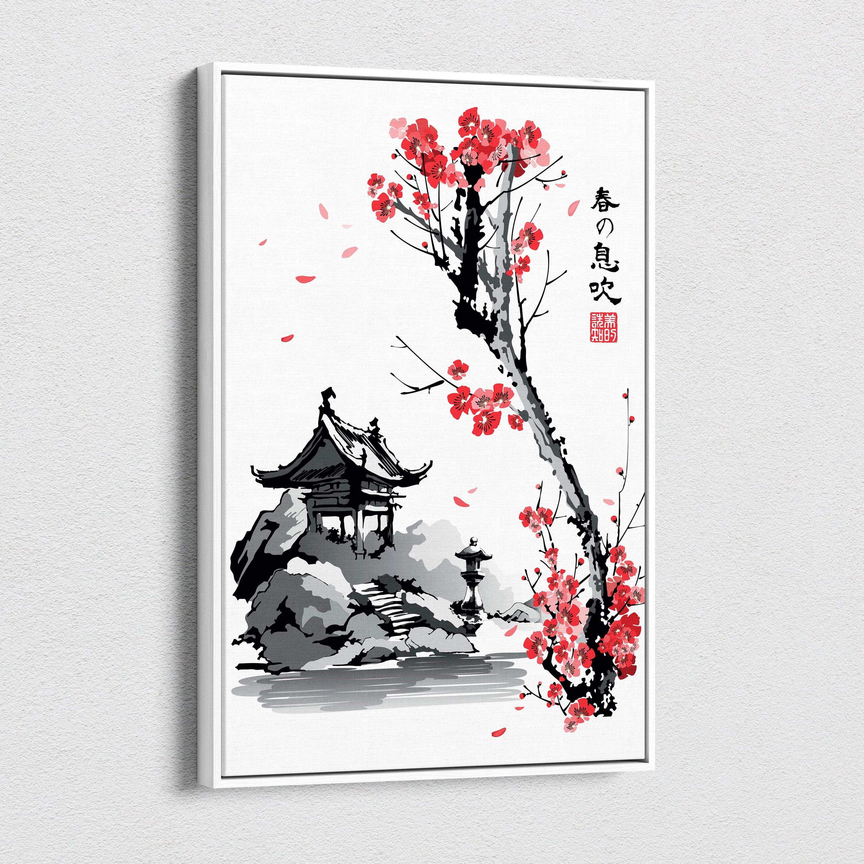 A framed Japanese ink wash canvas wall art of a red cherry blossom tree with gray traditional architecture