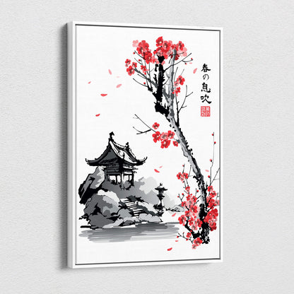 A framed Japanese ink wash canvas wall art of a red cherry blossom tree with gray traditional architecture