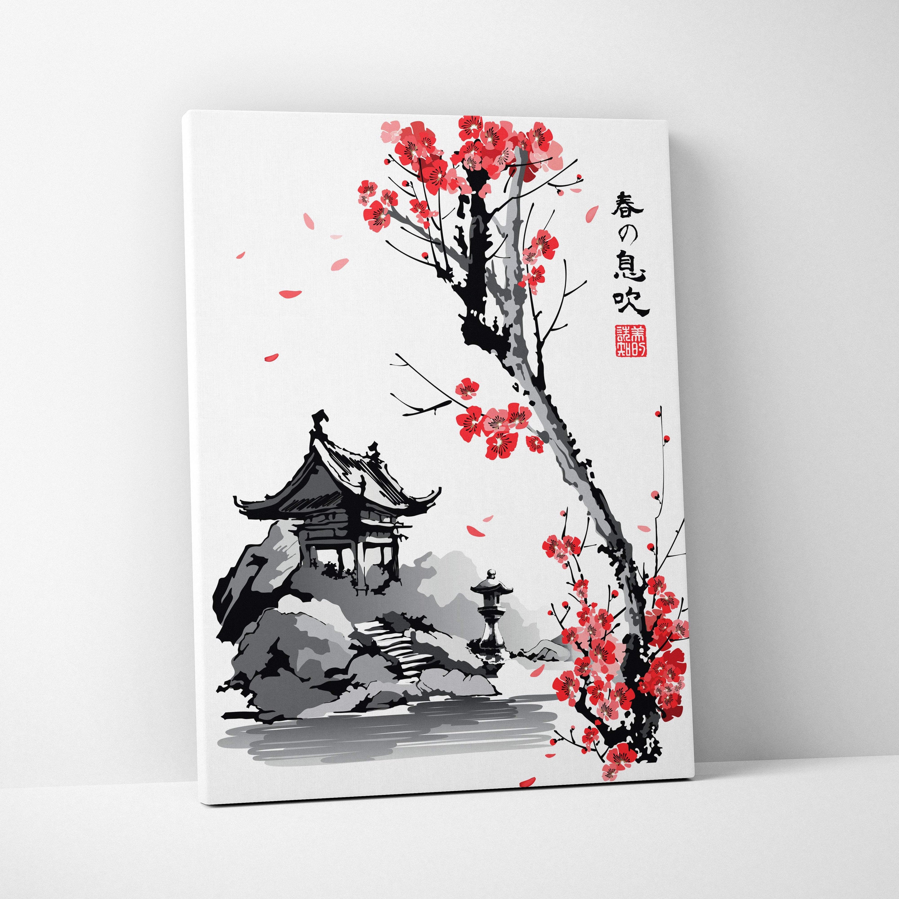 Red cherry blossom japanese garden canvas wall art with vibrant red ink-wash flowers and gray pagoda decor for living room