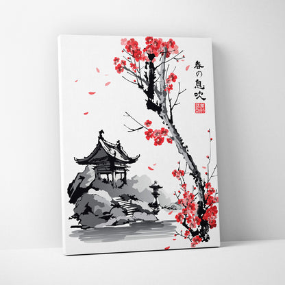 Red cherry blossom japanese garden canvas wall art with vibrant red ink-wash flowers and gray pagoda decor for living room