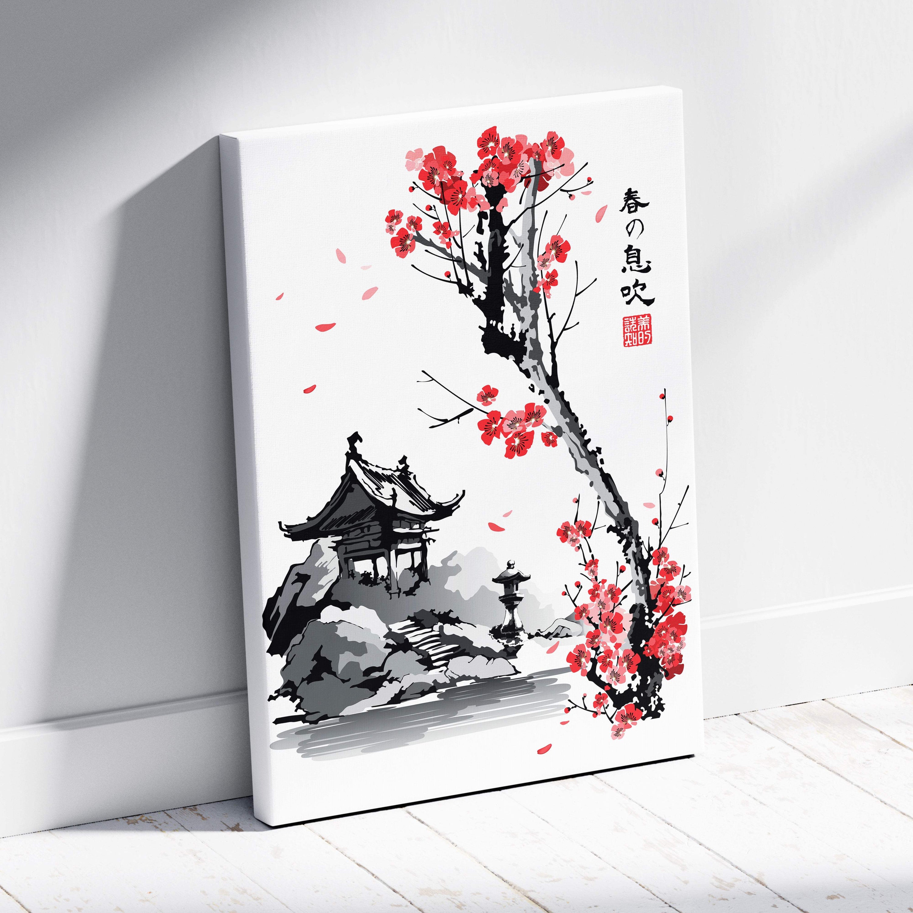 A minimalist canvas print featuring a gray ink painting of a japanese pavilion with red cherry blossom flowers