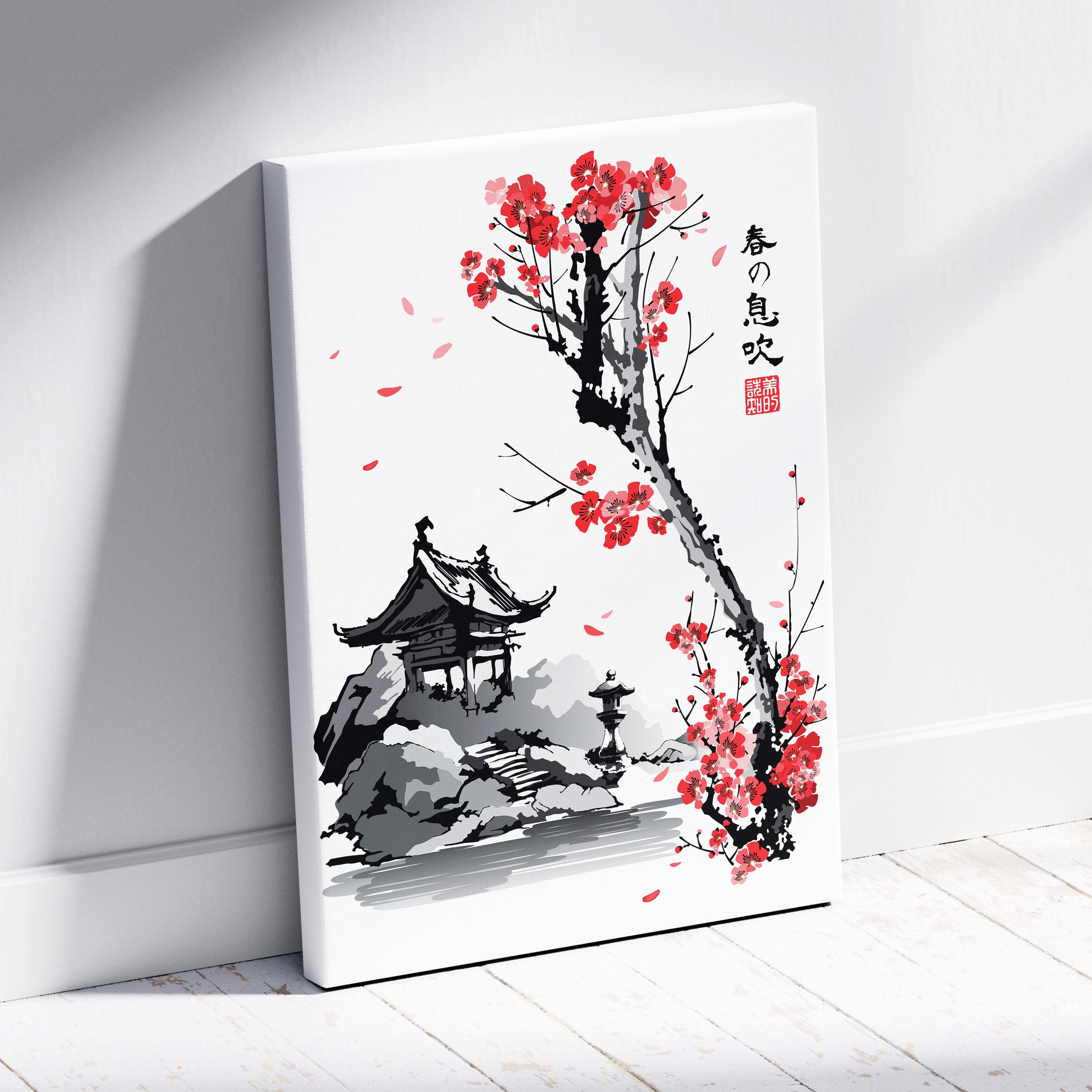 A minimalist canvas print featuring a gray ink painting of a japanese pavilion with red cherry blossom flowers