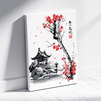 A minimalist canvas print featuring a gray ink painting of a japanese pavilion with red cherry blossom flowers