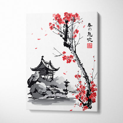 Minimalist canvas print of red cherry blossoms and gray ink-wash pagoda in peaceful japanese garden landscape decor