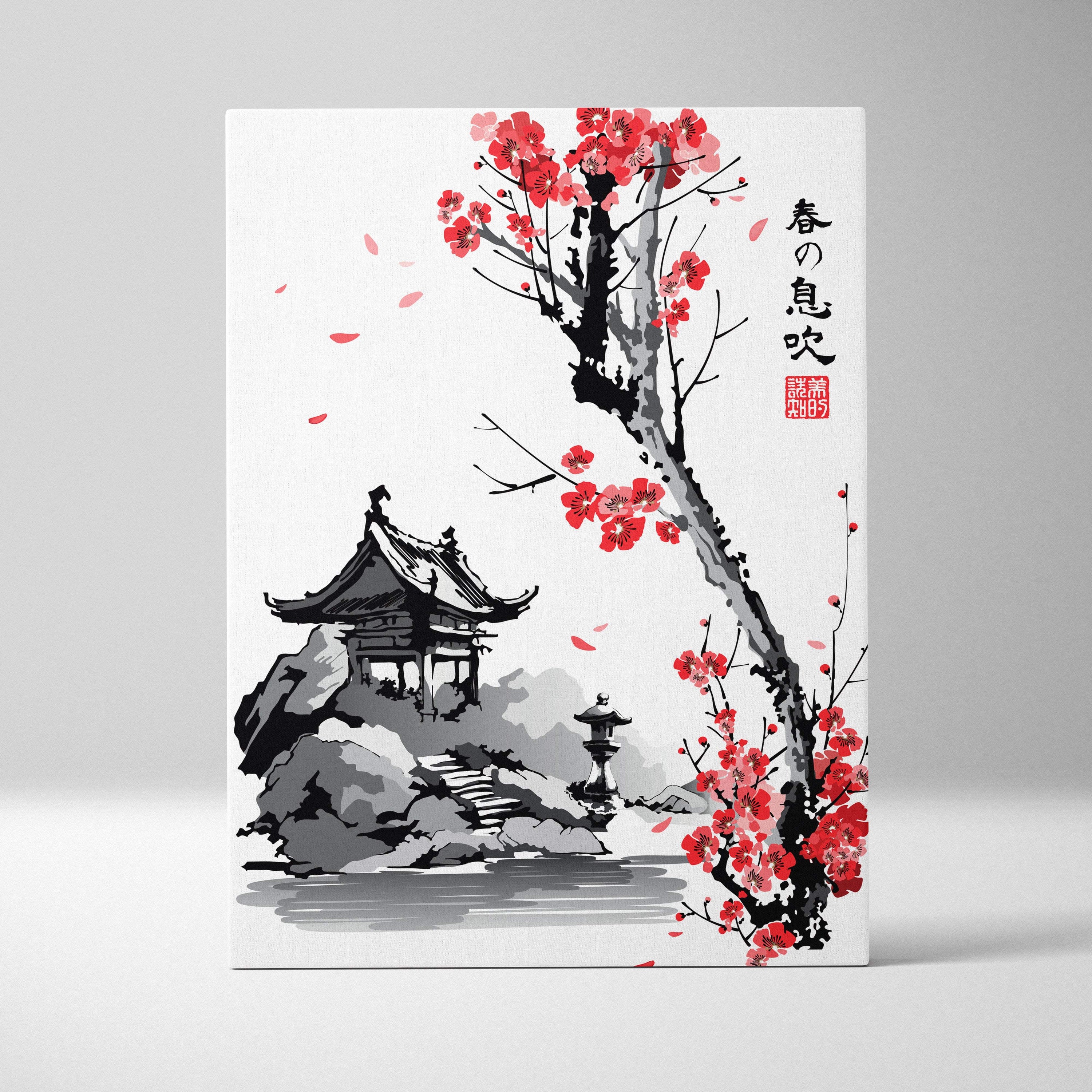 Red cherry blossom japanese garden canvas wall art featuring traditional gray ink-wash painting with vibrant red flowers