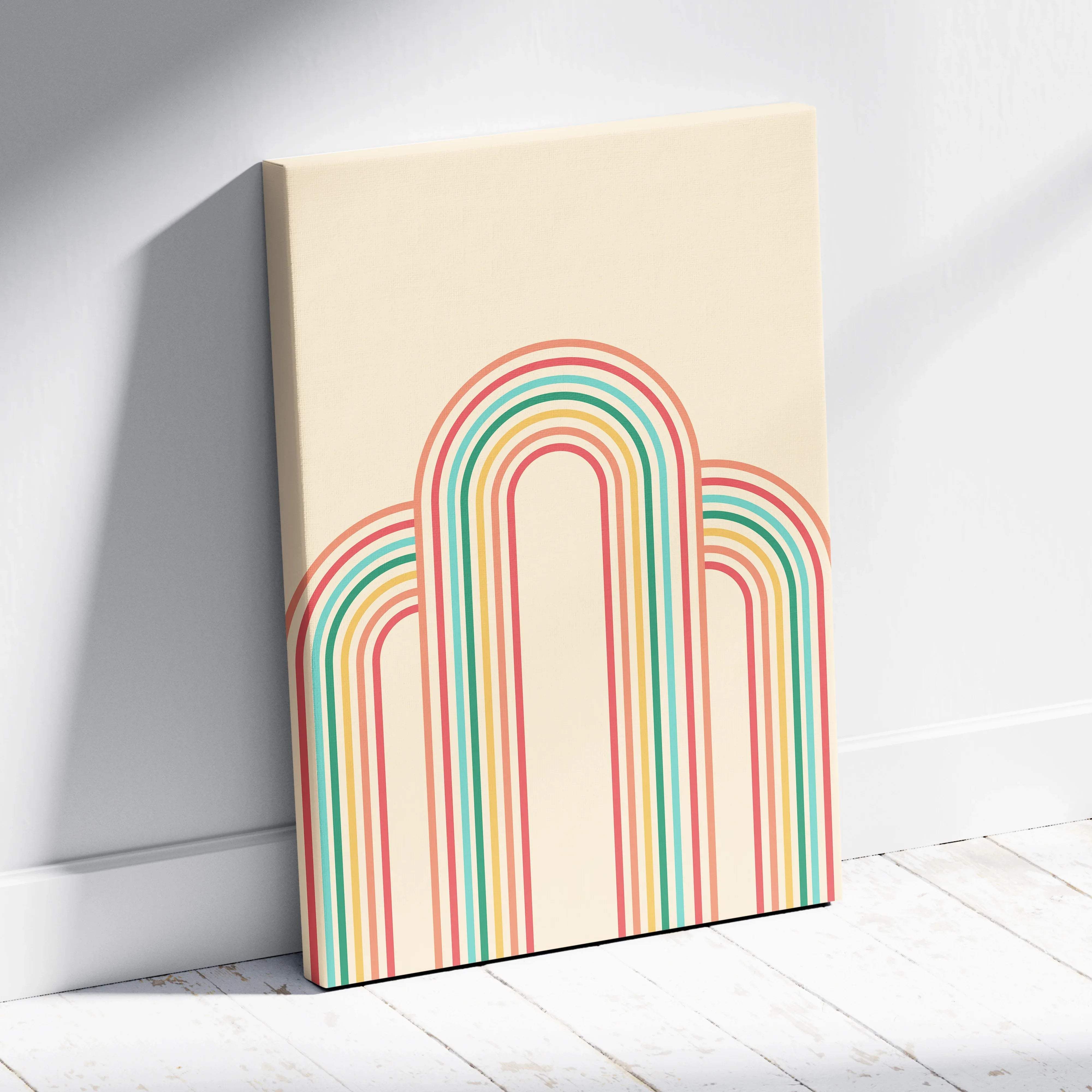 Retro rainbow arches canvas wall art in coral teal mustard
