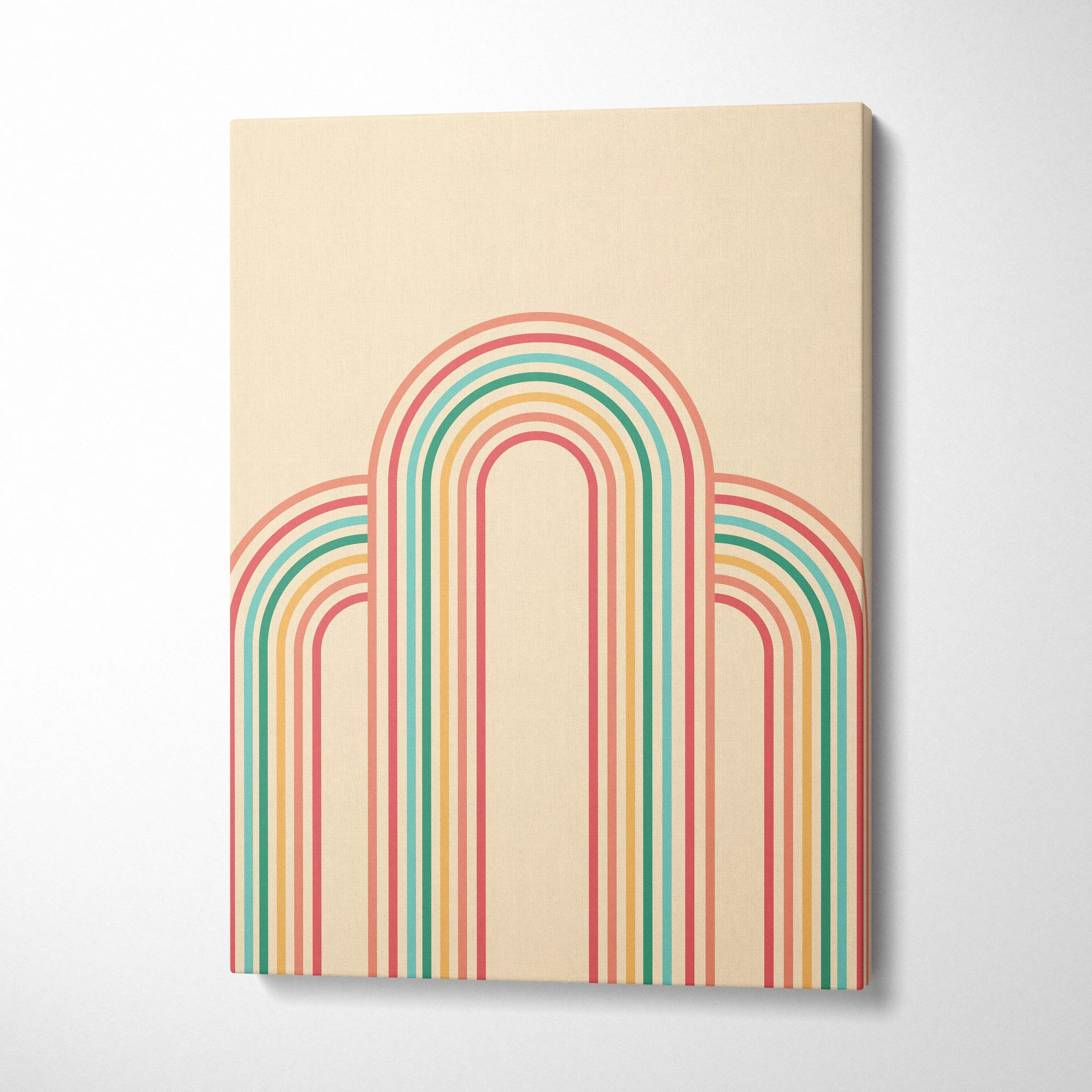 Retro rainbow arches beige canvas print in coral teal mustard