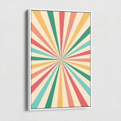 Retro sunburst canvas wall art in coral, teal, mustard, cream mid-century style