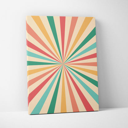 Retro sunburst canvas wall art in coral teal mustard cream