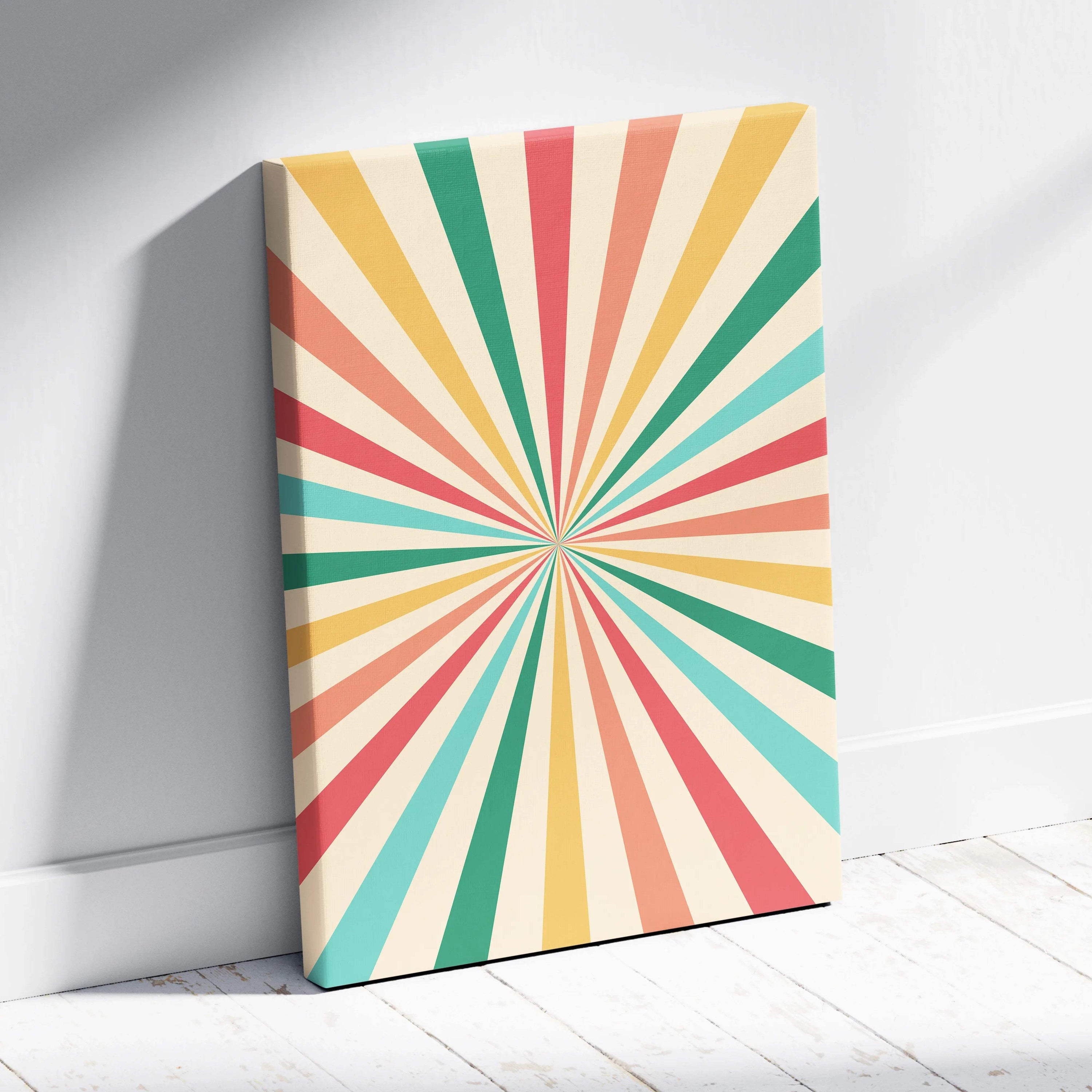 Retro sunburst canvas wall art in coral pink teal mustard cream