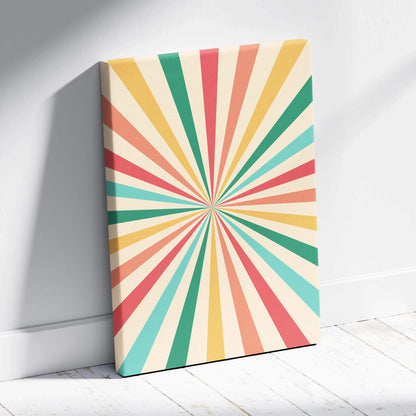 Retro sunburst canvas wall art in coral pink teal mustard cream
