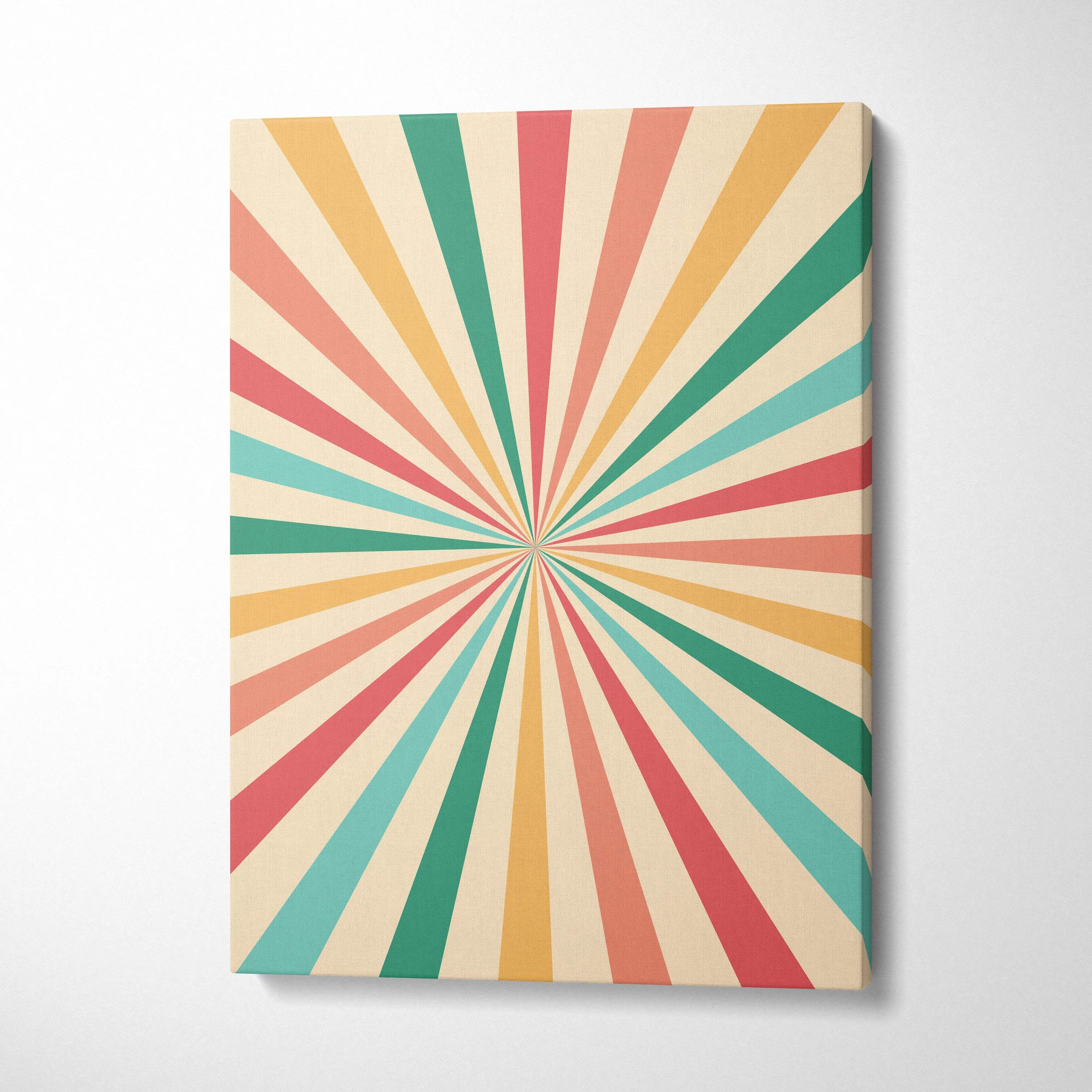 Retro sunburst canvas wall art in coral teal mustard cream geometric design