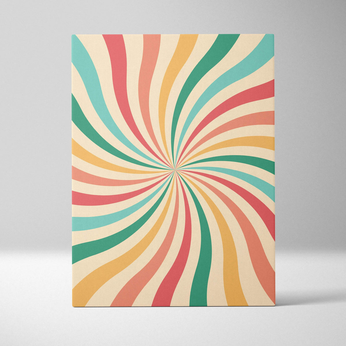 Mid century modern retro spiral sunburst canvas wall art in pastel pink teal peach