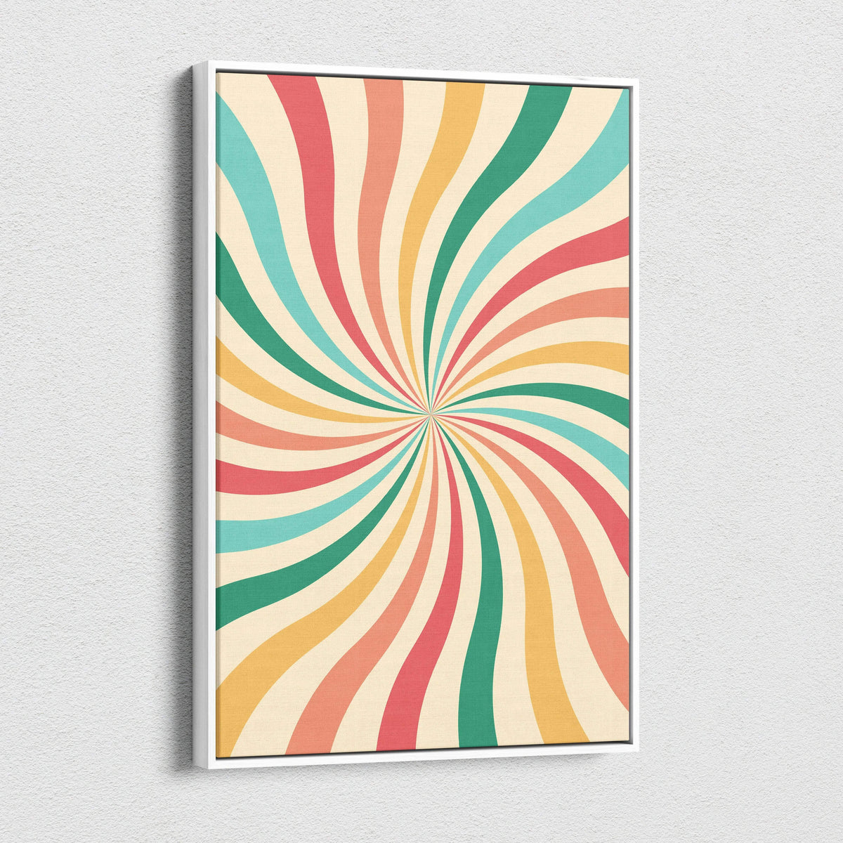 Mid century retro spiral sunburst canvas wall art in coral teal mustard cream waves