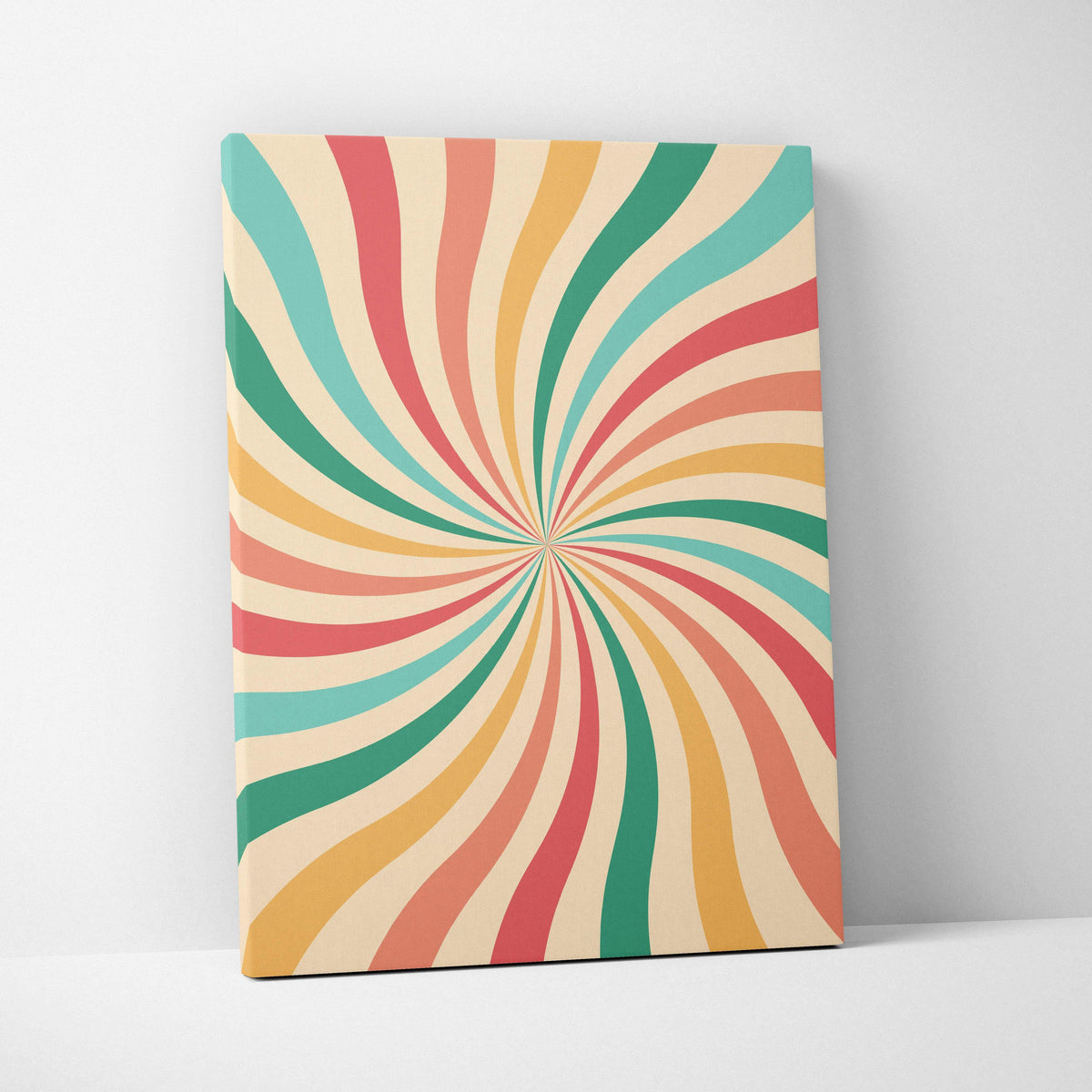 Mid century modern retro spiral sunburst canvas wall art in coral teal mustard cream