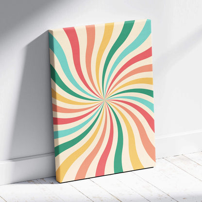 Mid century modern retro spiral sunburst canvas art in coral teal mustard cream