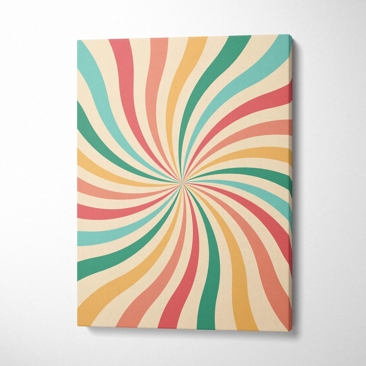 Mid century modern retro spiral sunburst canvas wall art in coral teal mustard cream